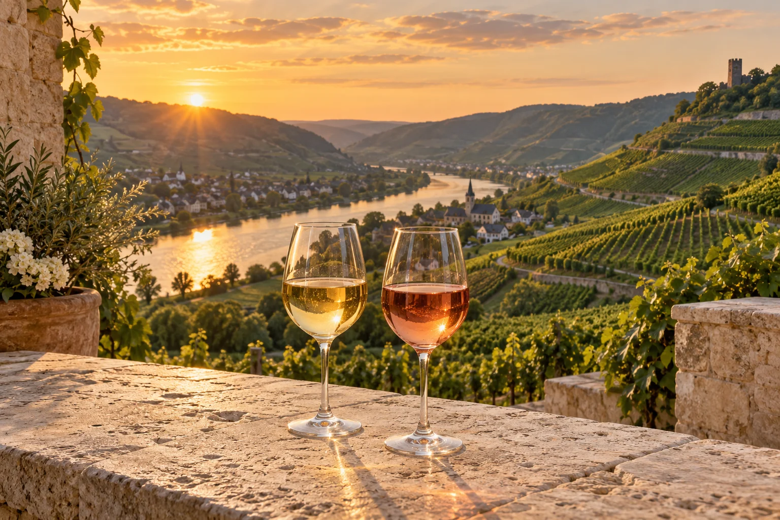 Weißwein und Rosé auf einer Steinterrasse mit Blick über sonnige Weinberge – Symbolbild
