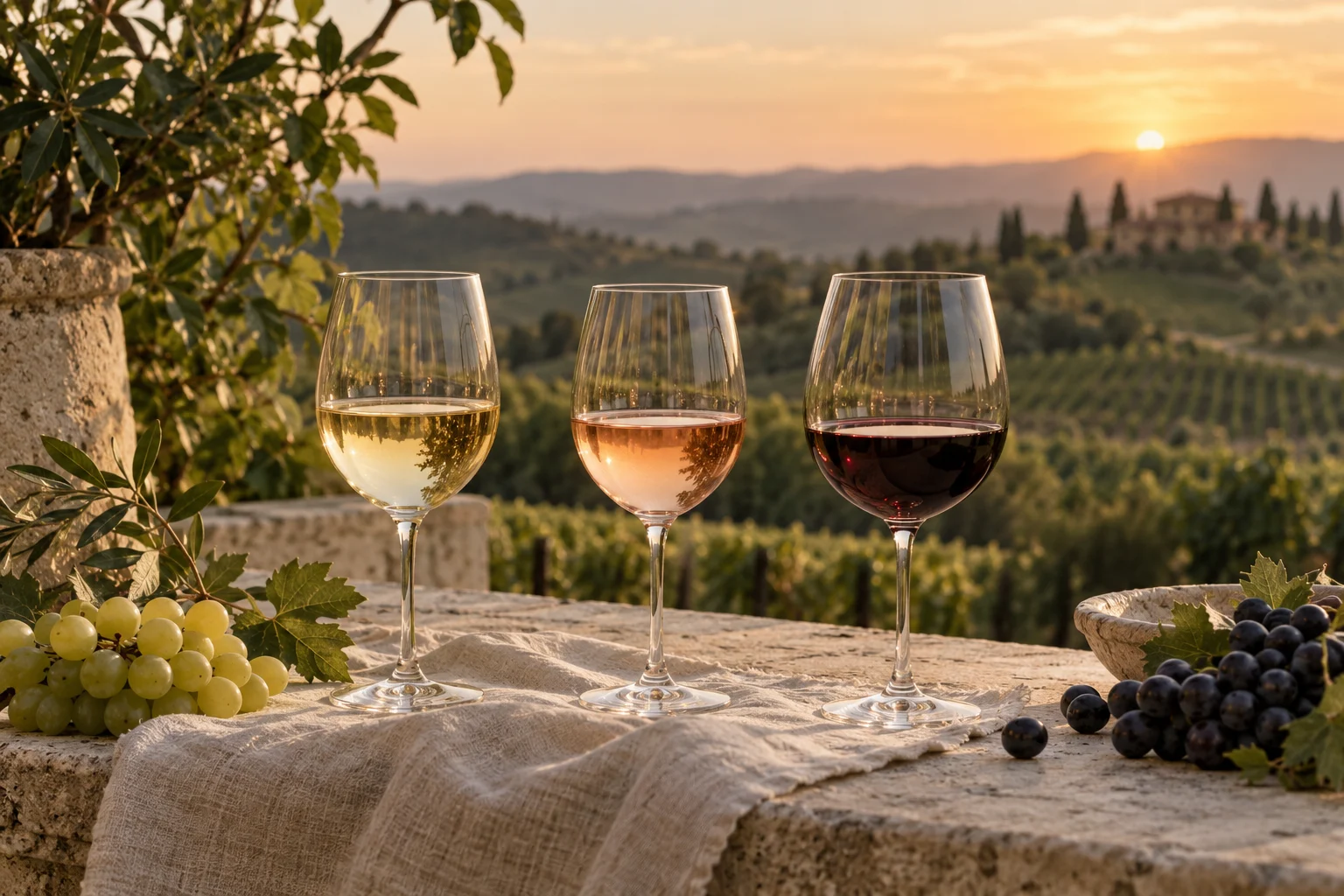 Weißwein, Rosé und Rotwein auf einer Terrasse – Symbolbild