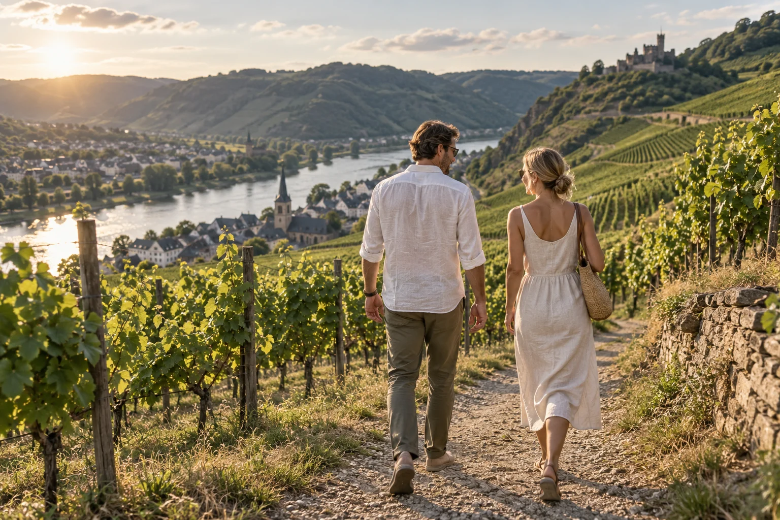 Spaziergang durch einen sonnigen Weinberg – Symbolbild